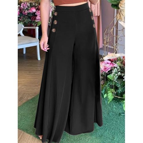 Fashion (Black)2023 ZANZEA Wide Leg Pant Capris Ladies High Waist Pantalon  Palazzo Oversized Women Spring Casual Pants Solid Suits Trouser 1 XXA