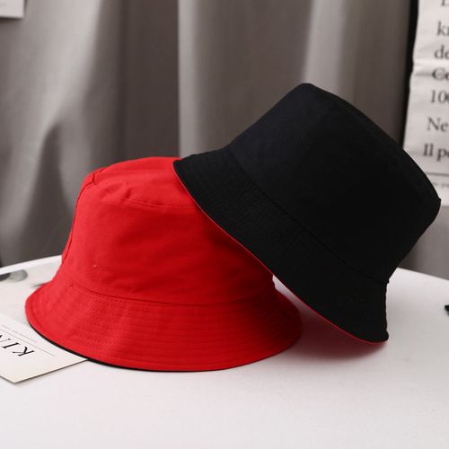 Fashion (black Red)TON Black Solid Bucket Hat Two Side Wear Unisex