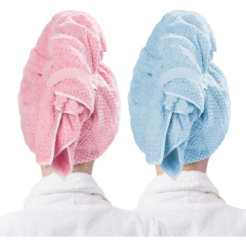 product_image_name-Flushrenic-Microfiber Hair Towel Wrap for Women 2 Pack, Soft Hair Drying Towel Anti Frizz with Elastic Strap, Ultra Absorbent Drying Hair Turbans for Curly, Wet Hair, Long, Thick Hair-1