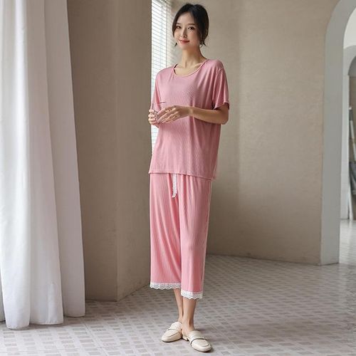 Generic Thin Home Wear For Women Sleepwear Summer Casual Solid Pajama Set  Loose Short Sleeved T-Shirt And Two Piece Lace Pants Set