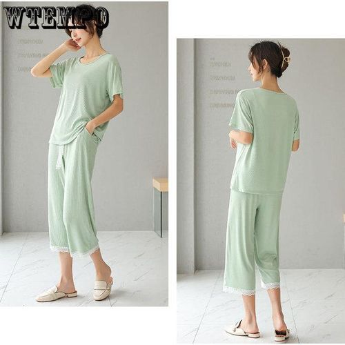 Generic Thin Home Wear For Women Sleepwear Summer Casual Solid Pajama Set  Loose Short Sleeved T-Shirt And Two Piece Lace Pants Set