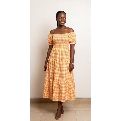 Fashion Women's Orange Gingham Off-the-Shoulder Midi Dress Smocked Tiered  Sundress with Side Belts | Jumia Nigeria