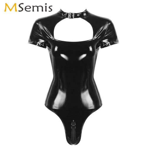 Fashion Womens Skinny Latex Catsuit Zipper Open Crotch Wetlook PVC Leather  Bodysuit Ladies Club Pole Dance Leotard Body Suit-Black