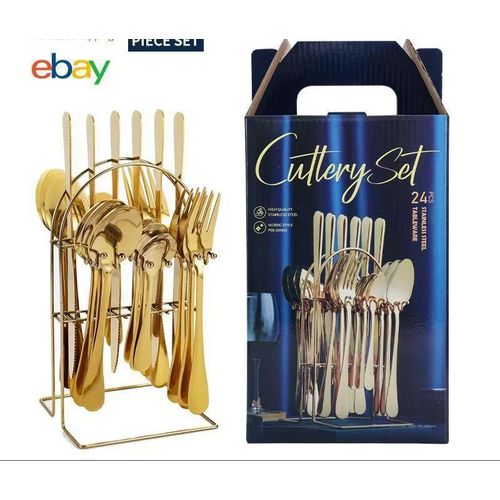 Generic 24-piece gold stainless steel cutlery set with a stand.