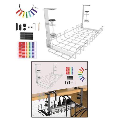 Under Desk Cable Management Tray, 15.7'' Cable Management Under Desk No Drill Steel Desk Cable Organizers, Desk Cable Tray with Wire Organizer and