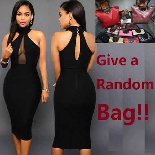 Fashion (Give A Random Bag)Ladies Dress Hanging Neck Mesh Stitching Slim  Dress Women