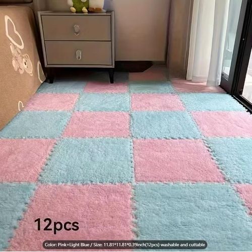 Generic 12-Piece Interlocking Carpet Tiles – Non-Slip Modular Floor Mats – Plush Foam Interlocking Mats (Pink + Light Blue)