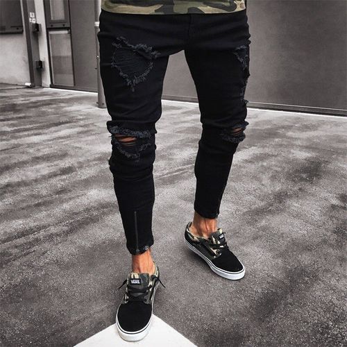 Fashion Mens Cool Designer Brand Black Jeans Skinny Ripped Explosive Jeans