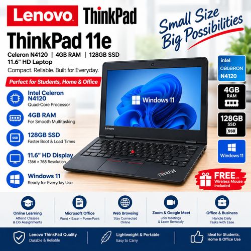 Lenovo ThinkPad 11e Celeron N4120 4GB RAM 11.6" HD Laptop Windows 11 + Wireless Mouse