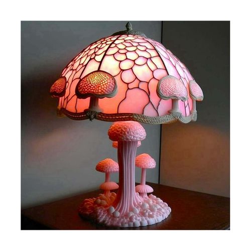 Stained Glass Pink Mushroom Table Lamp Creative Colorful Bedroom Night  Light US
