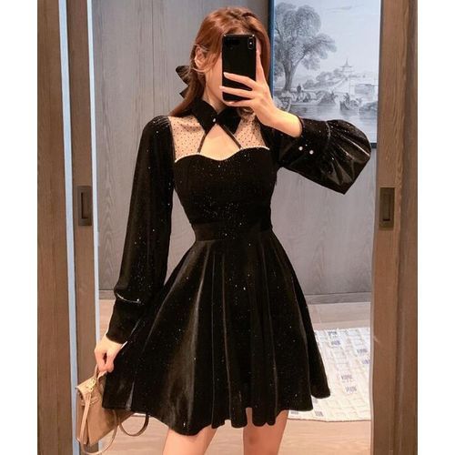 Fashion (black 3)Neploe Vintage Velvet Black Dress Stand Neck