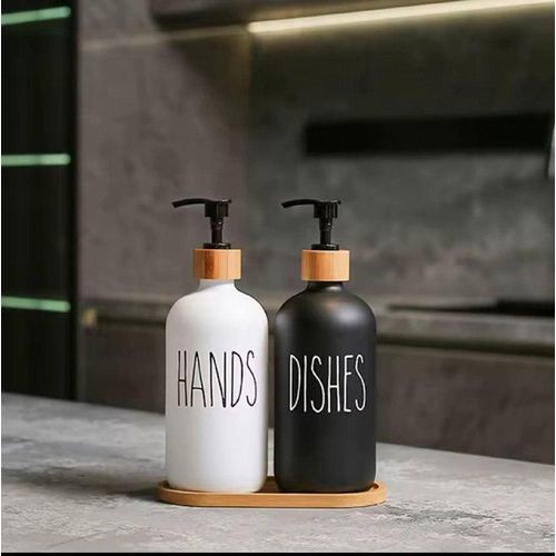 Generic 2 Soap Dispensers Hand Soap & Dish Soap Bottles with Bamboo Holder