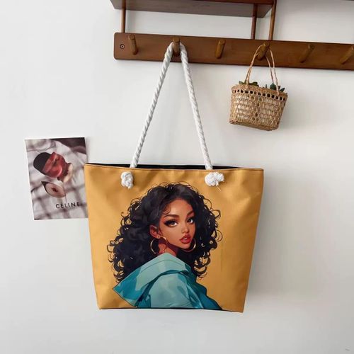 product_image_name-Fashion-Stylish Graphic Print Canvas Tote Bag for Women - Mustard Yellow - Large Capacity Shoulder Bag with Rope Handles-1