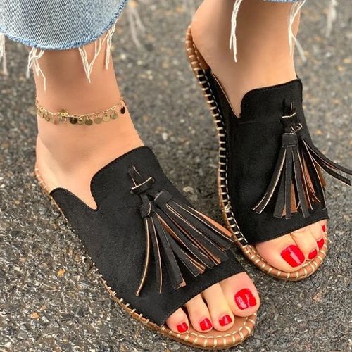 Fashion Female Flat Slippers Women's Fashion Tassel Comfortable Shoes Leopard Sewing Open Toe Footwear Plus Size-Black | Nigeria