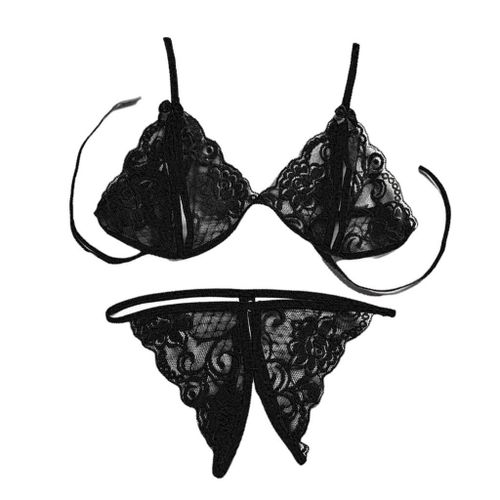 Generic Women's Crotchless Panties Open Bra Set Knickers Black