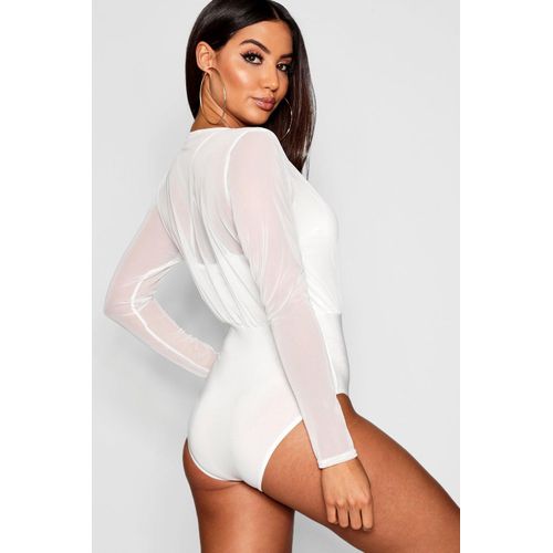 Boohoo Mesh 2-in-1 Strappy Bodysuit-White