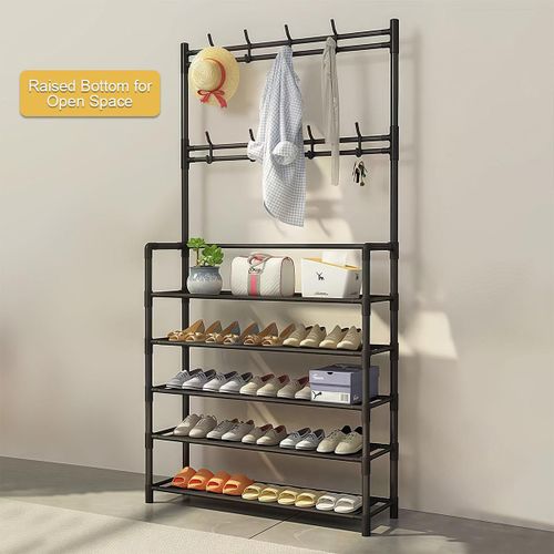 Generic 5 Tier Multi-Functional Shoe Rack Coat Hanger Stand 5-Tier Entryway Storage Organizer With Hooks - image 4