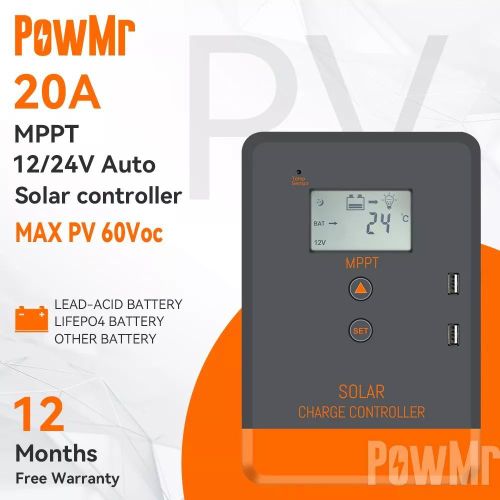 PowMr PowMr 20A MPPT Solar Charger Controller 12V 24V 60Vdc