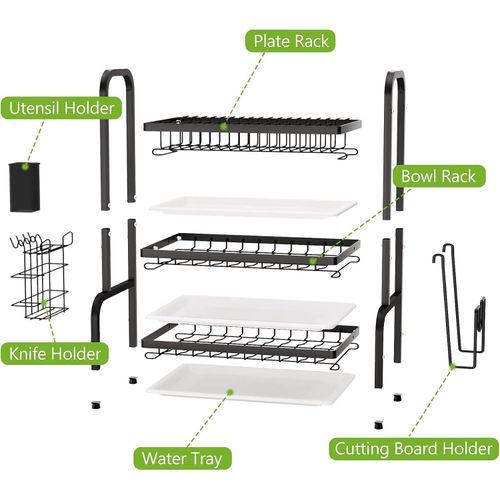 product_image_name-CYFAZA-Dish Drying Rack, Metal 3-Tier Large Capacity Dish Rack with Utensil Holder, Cutting Board Holder, Draining Board Tray for Kitchen Counter Storage (Black)-6