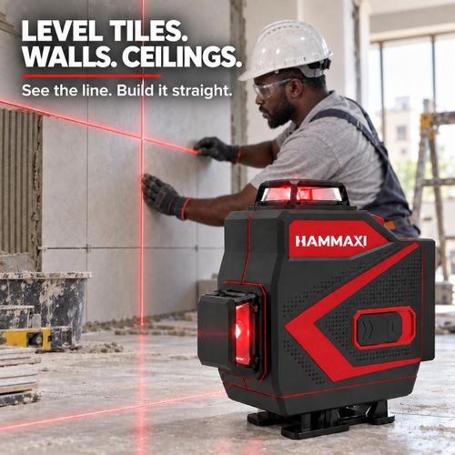HAMMAXI Red Beam 16 Lines Laser Level Machine 4*360° Self Levelling 4D Rechargeable Leveller High Precision Alignment Tool for Floor Tile Wall Ceiling Work