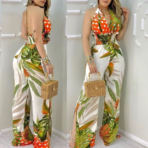 Fashion Ladies Summer Jumpsuit Ladies Suit Tropical Print Halter Pleated  Polo Shirt