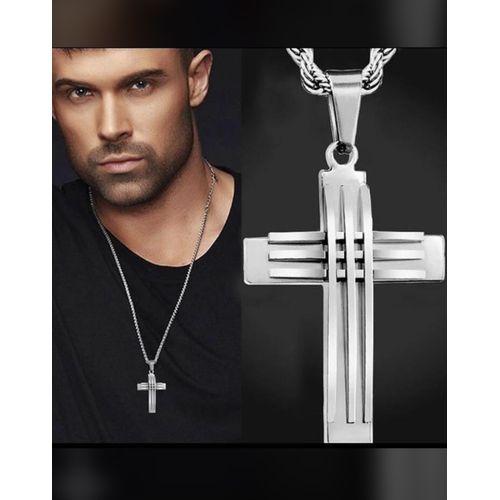 Fashion Silver Stainless Steel Chain With Lined Cross Pendant