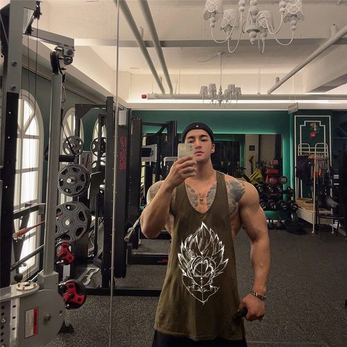 Fashion Men Bodybuilding Tank Tops Gym Fitness Muscle Sleeveless Shirt Male  Stringer Singlet Summer Casual Fashion Printed Vest Top-Military Green