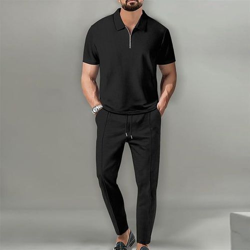 Fashion Alexander Textured Pants Set- Black