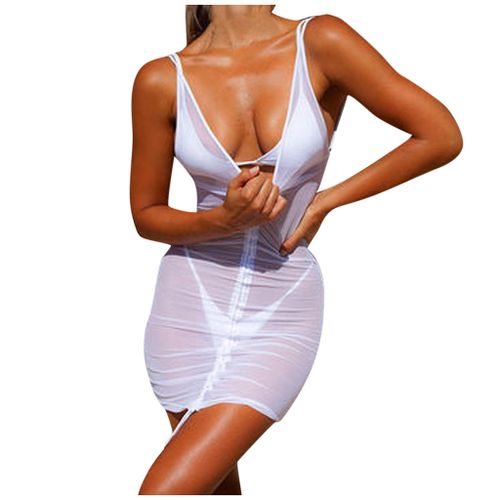 Fashion (White)Green Neon Dress Women Sexy Sheer Mesh Mini Bodycon Summer  Dress Transparent Sleeveless Night Dress Club Party Cover Ups платье BEA