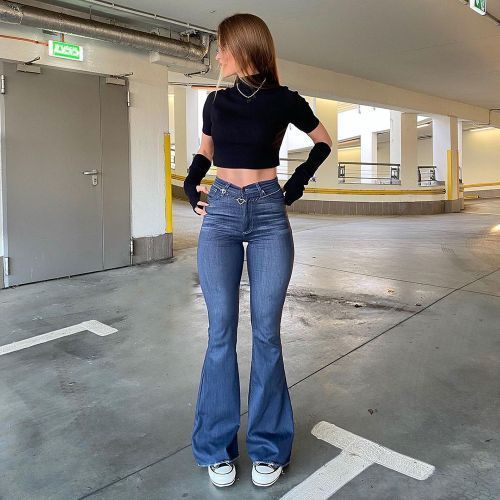 Fashion (Blue)Fashion Women Pants High Waist Flared Jeans Blue