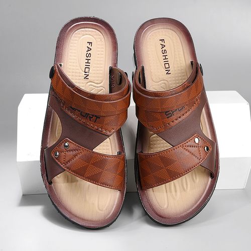 Flangesio New Summer Flat Sandals Men's Casual Shoes Soft Natural Leather  Slippers For Men Classic Roman Sandals Male Outdoor Beach Water Shoes  Non-slip Trekking Sandals Brown