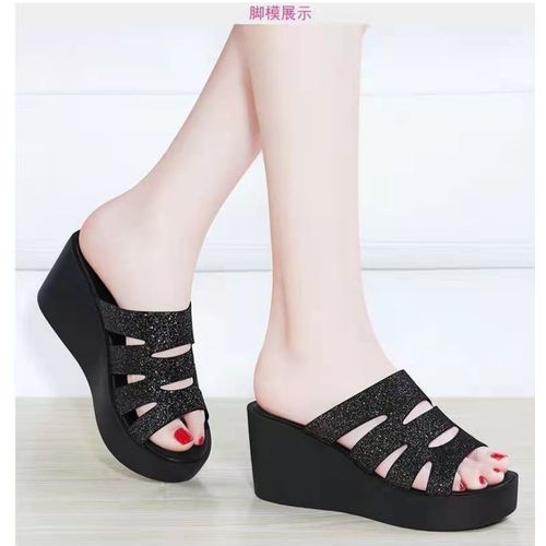 Fashion Ladies Fashion Wedge Heel Slippers - Black