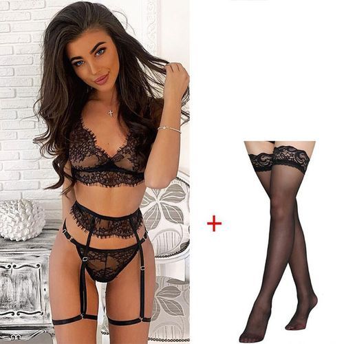 G3 Sexy Lace Lingerie Set Women's Underwear Transparent Bra Party Sets Lace  Black Lingerie Bra Set Underwear Set(#black With Socks)