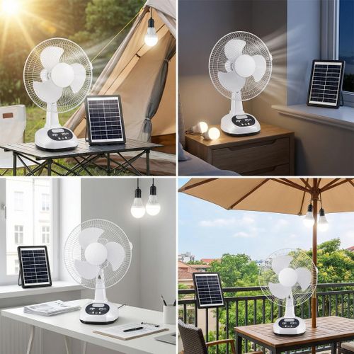 Generic 12 inch Solar Powered Fan with Bulb LED Light Rechargeable Portable - image 5
