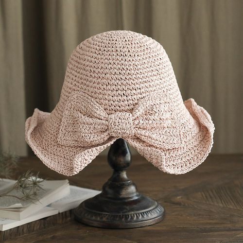 Fashion Parent-child 100%Raffia Bow Sun Hat Wide Brim Floppy Summer Hats  For Women Beach Panama Straw Dome Bucket Hat Femme Shade Hat