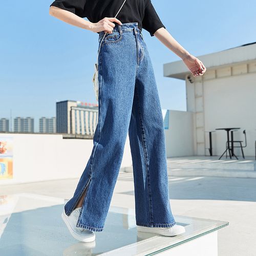 Fashion (Denim Medium Blue)SEMIR Jeans Women Asymmetric Wide-Leg Pants  Bifurcated Leg Mopping Pants 2021 Summer New Hyuna Style Demin Pants ACU