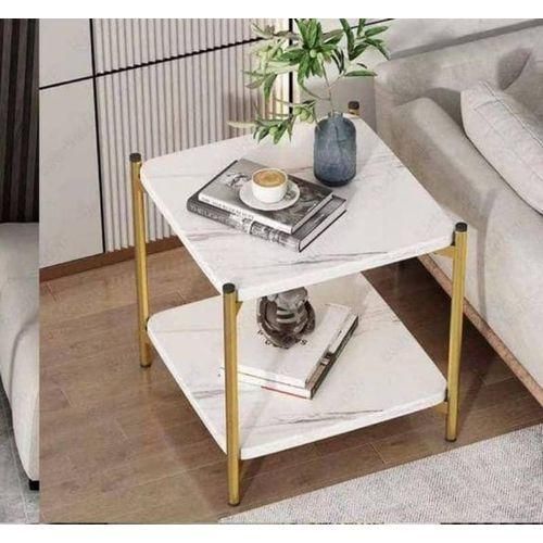 Generic Elegant Faux Marble Accent Side Table with Gold Metal Legs- White