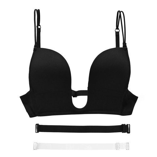 Fashion New Super Gather Push Up Bra Plunge Plus Size Big Cup Women  Underwear Sexy Silicon Transparent & Simple Straps A B C D E F  70-90(#Black) SHA