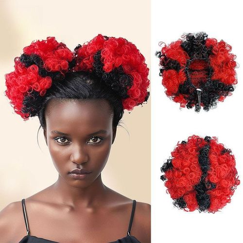 Fashion Drawstring Hair Bun Scrunchie Black-Red Mix Fluffy Afro Curls - image 2