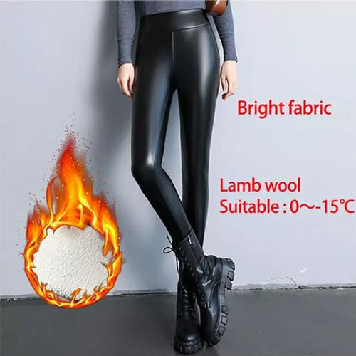 Generic Thick Warm Winter Leggings Women Leather High Waisted Push Up  Velvet Black Slimming Faux Pu Leather