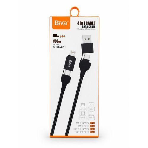 Cable BIVA 4 in 1 MULTI PORT 60watts Type C To Lightning Cord + IPhone Cord