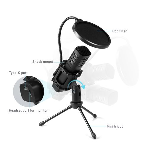 USB Microphone, Computer Cardioid Condenser PC Gaming Mic with Tripod Stand