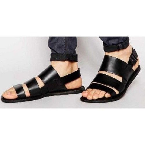 Fashion Classic Men's Triple Strap Simple Italian Leather Sandal-Black ...