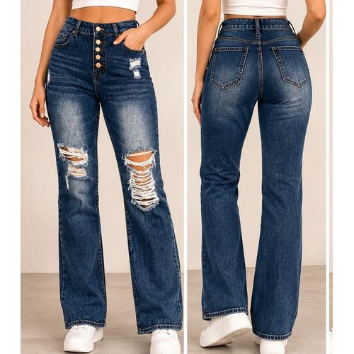 Denim High-Waisted Distressed Button-Fly Wide-Leg Jeans. - image 2