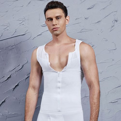 Fashion Mens Chest Compression Shirt Gynecomastia Vest Slimming Shirt Body Shaper  Tank Top Front Zipper Corset For Man Shapewear(#White)