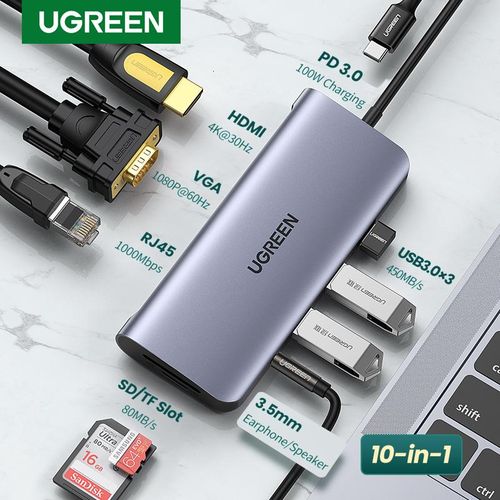 Adapter Hub UGREEN, USB-C to 2x USB 3.0, HDMI 4K30Hz, RJ45, SD/TF