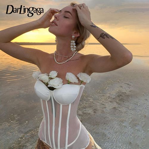 Fashion (White Top)Darlingaga Fashion Patchwork White Mesh Bustier Top  Ladies Transparent Corset Top Strapless Lace Up Crop Tops Adjustable XXA