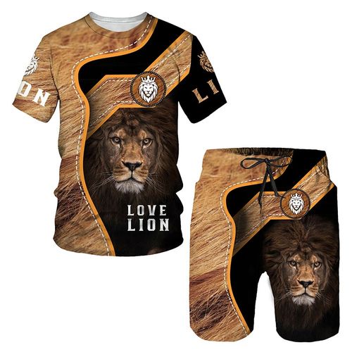 Plus Size Men's Fierce Lion Digital Print Crew Neck Shirt Shorts Set For  Summer - Temu