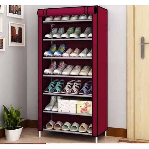 product_image_name-Generic-Stainless Shoe Rack + Fabric Cover For 24 Pairs Wine Color-1