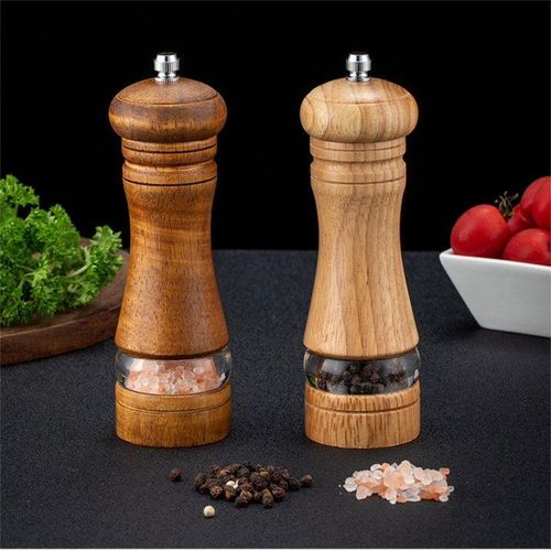 product_image_name-Generic-Wooden Salt and Pepper Grinder Set with Acrylic Window, Manual Grinder with Vintage Distressed Finish, Wood Tone, Ceramic Core, Adjustable Coarseness - 16.51 cm(Brown)-2
